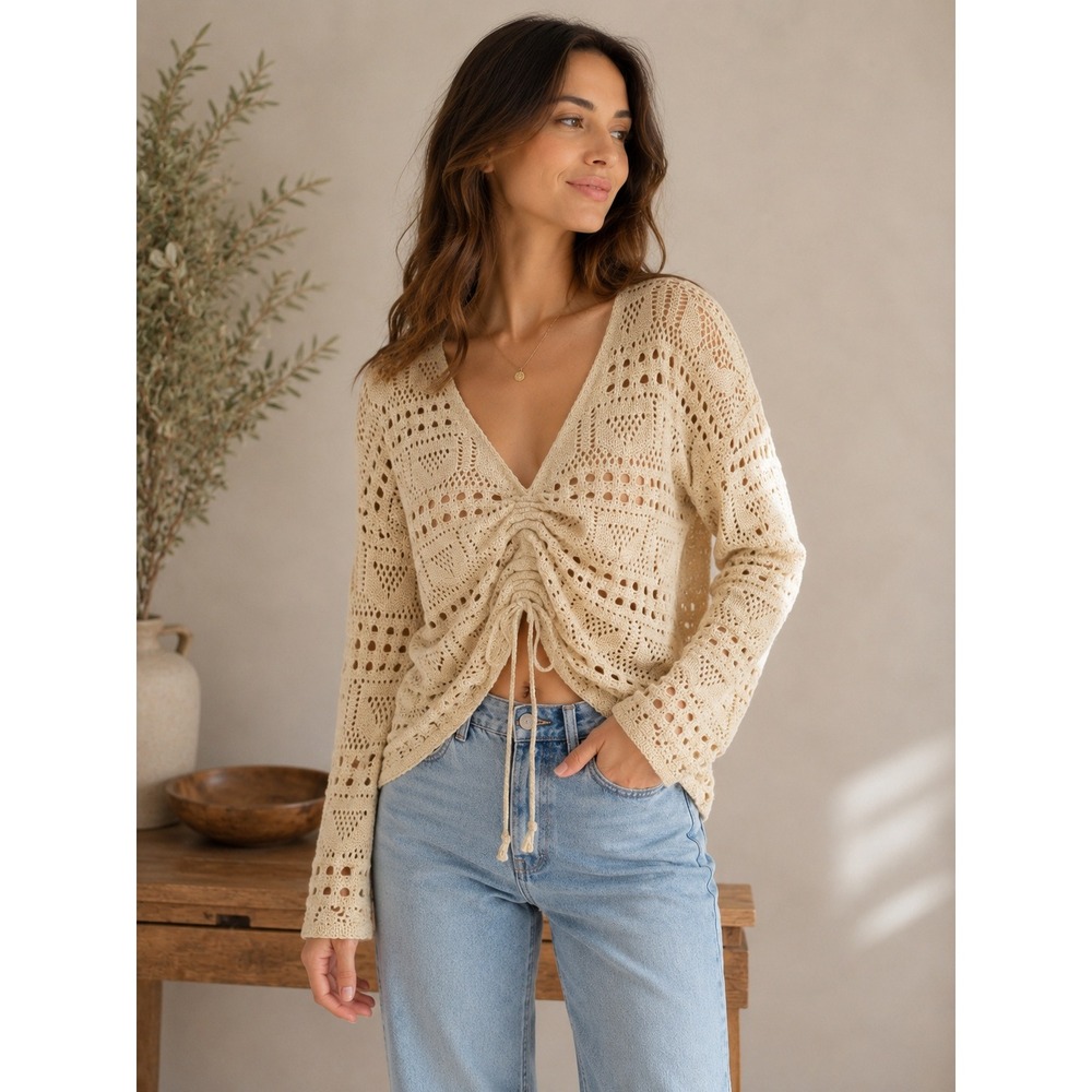 Listicle Crochet Sweater Womens Small Cream Cinched Front Boho Open Knit V-Neck